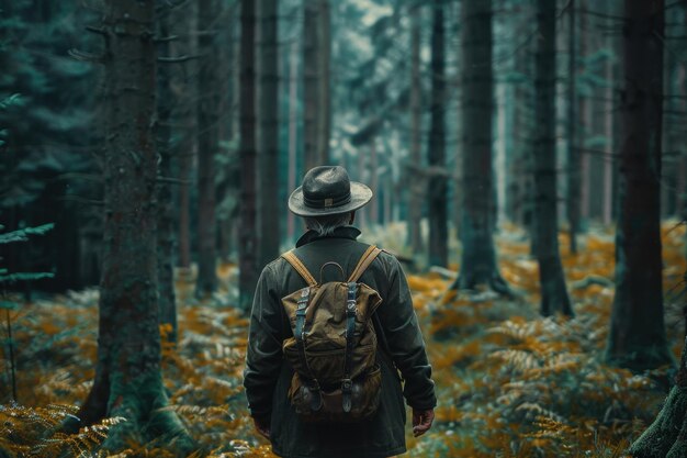 Elderly Man Hiking in the Black Forest in Traditional Bavarian Clothing