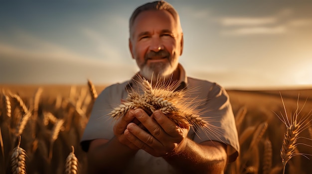 Photo an elderly man holding a handful of wheat in a golden sunlit fie