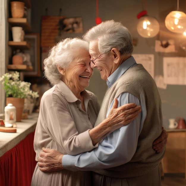 An elderly man hugs an elderly woman