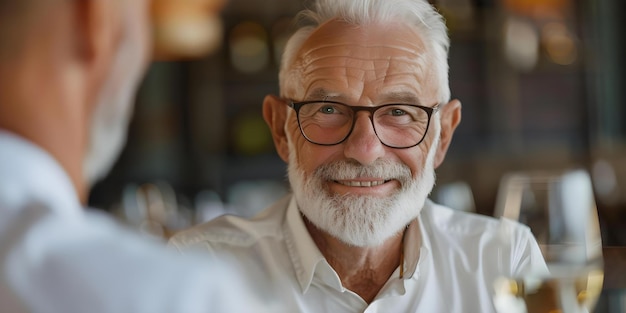 Elderly man impresses waiter with fluent French order at bistro Concept Culture Language Skills Interactions Elderly Waiter