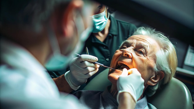 Photo an elderly man is brushing his teeth with a toothbrush