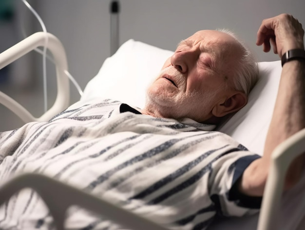 An elderly man is lying in a hospital bed.