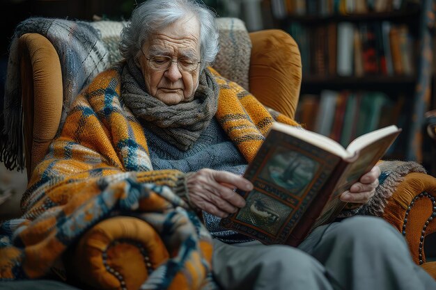 Photo an elderly man is sitting in a chair reading a book he is wearing a warm blanket