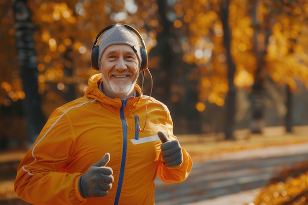 Photo elderly man jogging outside in autumn park staying active