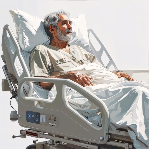 Elderly man lying in a hospital bed and looking at the camera