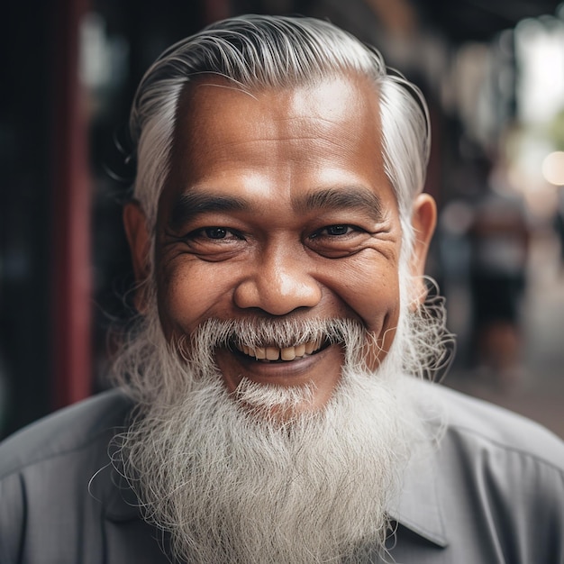 Elderly man Malaysian with a long gray beard smiles closeup portrait