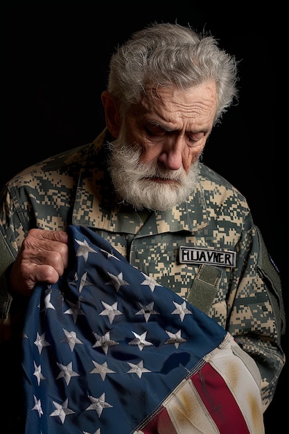 Elderly man in military dress holding USA flag Patriotism symbol