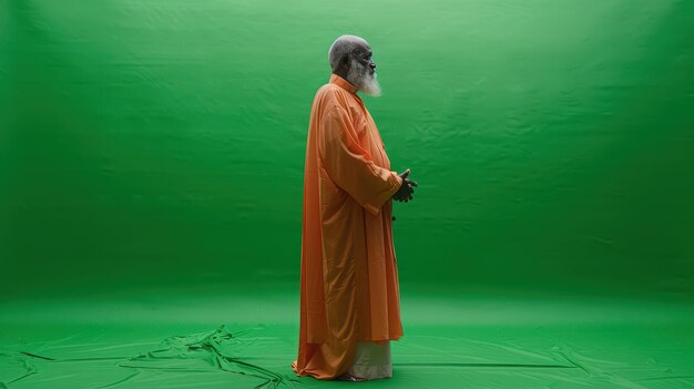 Elderly Man in Orange Robe on Green Screen Background