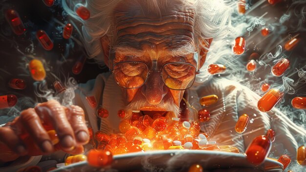 Photo elderly man overwhelmed by colorful pills and medication in surreal scene