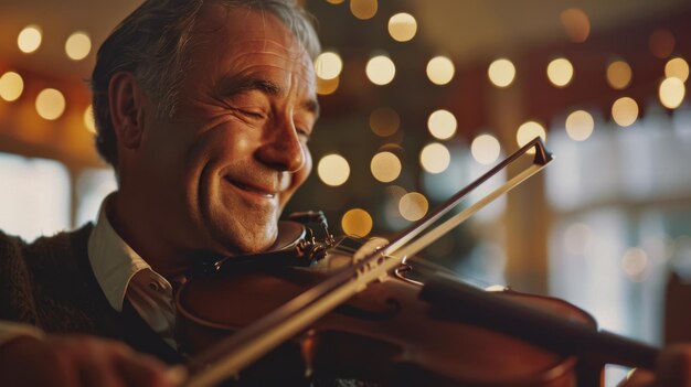 Elderly man passionately playing the violin surrounded by twinkling lights illustrating a serene joy and deep connection to music