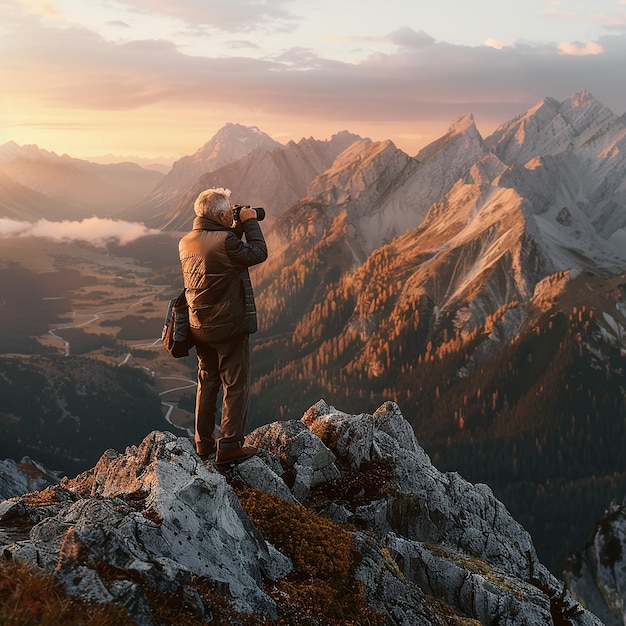 Photo elderly man photographing majestic mountain