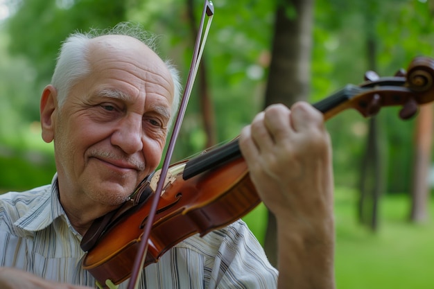 Elderly Man Playing Violin in Park Expressing Joy and Passion for Music