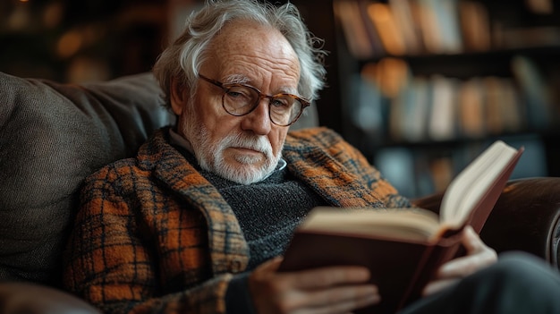 Elderly man reading a book in a cozy bookfilled environment