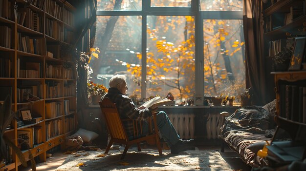 Elderly Man Reading by Window in a Cozy Room