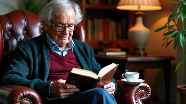 Photo elderly man reading in classic armchair with bookshelf behind radiating wisdom and tranquility