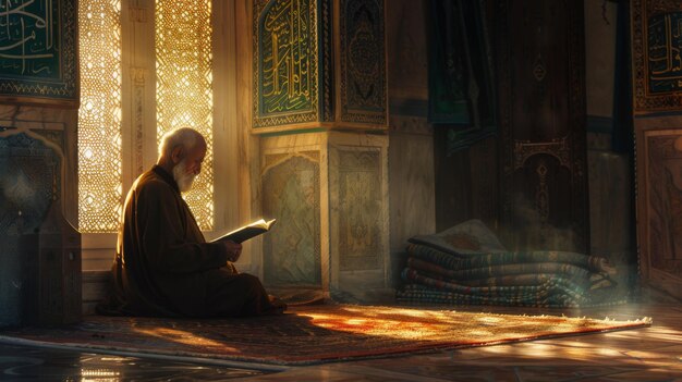 Elderly Man Reading Holy Book in a Serene Mosque with Sunlight Filtering Through