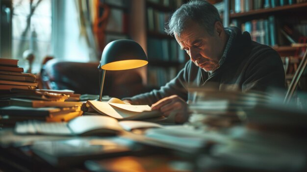 Photo an elderly man reads intently by lamplight in a cluttered cozy home library setting