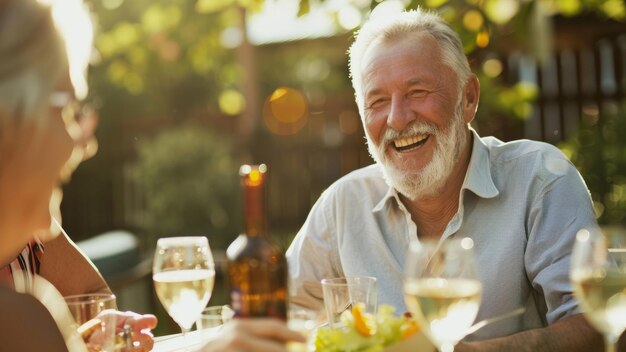 Elderly man sharing a hearty laugh during an outdoor meal