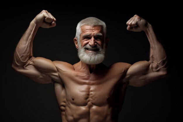 Photo an elderly man show his muscle in dark background