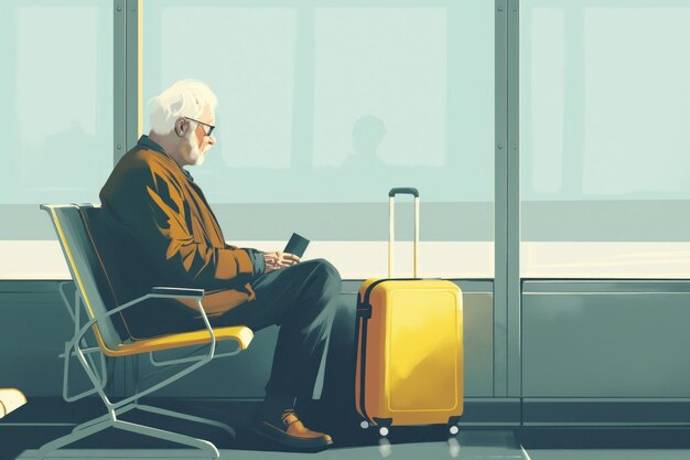 Photo elderly man sits in airport terminal on yellow chair he wears brown jacket and glasses holding