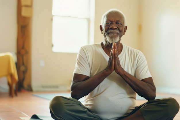 An elderly man sits crosslegged in a serene room smiling peacefully with his hands in a prayer pose embodying tranquility and mindfulness