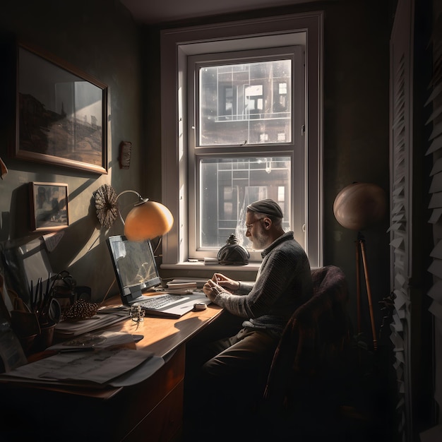 A elderly man sits at a desk in front of a window with a lamp on it