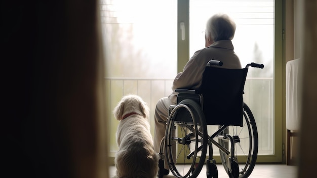 An elderly man sits in a wheelchair next to his dog and looks out the window Generative AI