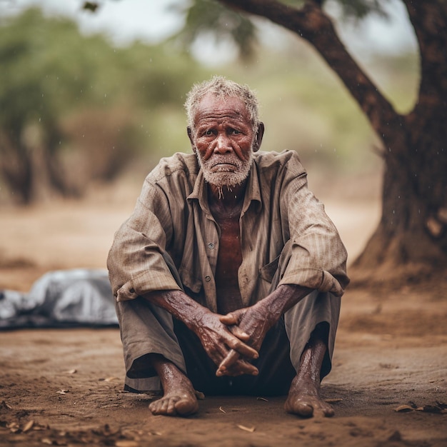 an elderly man sitting in touch with rain in the dry season global warming