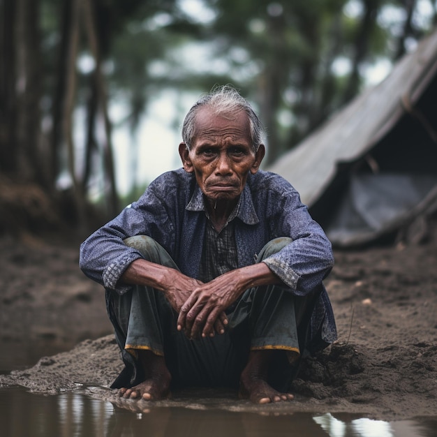 an elderly man sitting in touch with rain in the dry season global warming