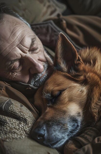 elderly man sleeping with dog