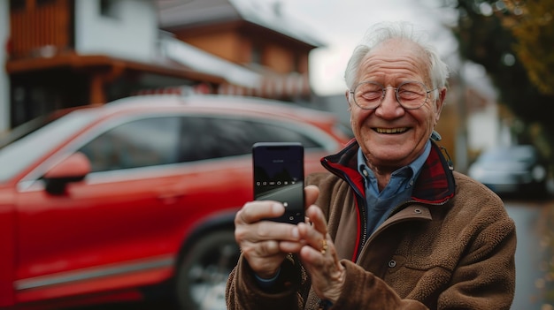 An elderly man smiling and happy holding up his phone