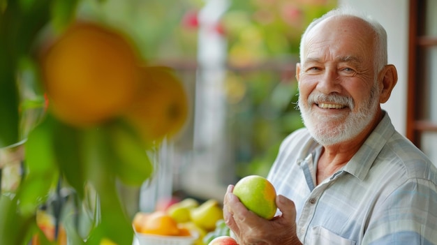 Elderly man smiling with a green apple in hand surrounded by vibrant plants