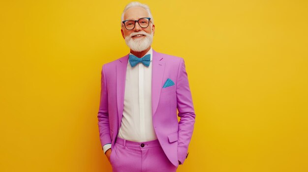 Photo elderly man in a stylish purple suit and bow tie poses confidently against a vibrant yellow background