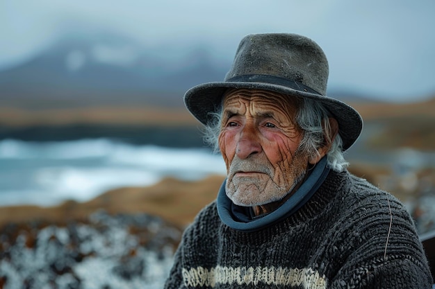 Elderly Man in Traditional Patagonian Sweater on Shore of Strait of Magellan