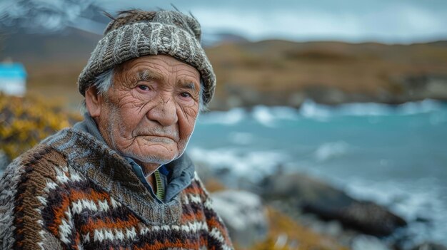 Elderly Man in Traditional Patagonian Sweater on Shore of Strait of Magellan