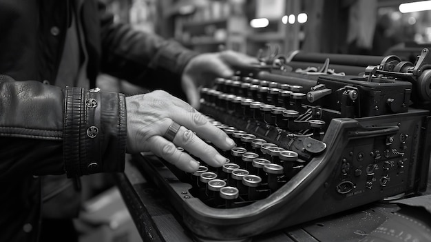 An Elderly Man Typing on an Antique Typewriter