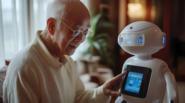 Photo elderly man using touchscreen on care robothighlighting of tech in senior life