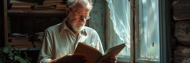 An elderly man using a window bath to read documents Generative Ai