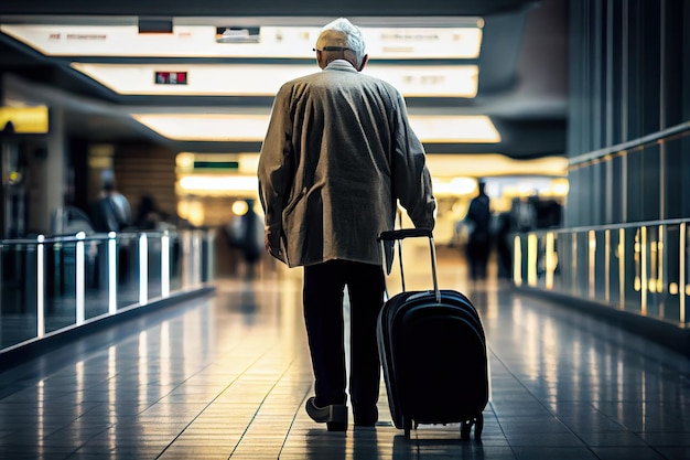 Elderly man walking in airport with large suitcase for traveling