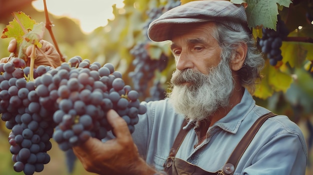 An elderly man wearing a cap and suspenders examines a bunch of grapes in a vineyard