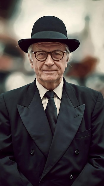 Elderly man wearing hat and black suit isolated on transparent background