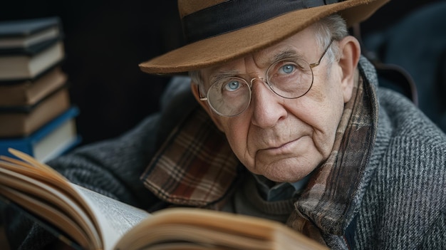 Photo elderly man wearing hat and glasses deeply engrossed in reading a book surrounded by stacks of books