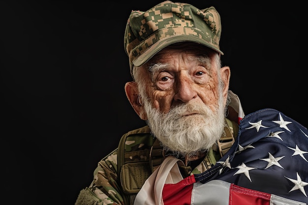 Elderly man wearing military uniform with American flag against chest on black background Veteran