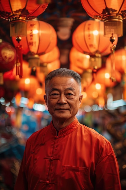 An elderly man wearing traditional Chinese clothing stands under a lantern