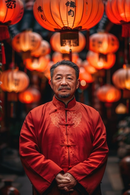 An elderly man wearing traditional Chinese clothing stands under a lantern