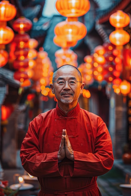 An elderly man wearing traditional Chinese clothing stands under a lantern