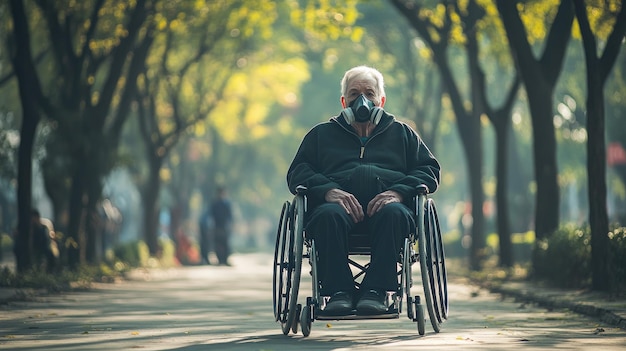 An elderly man in a wheelchair is sitting on a sidewalk