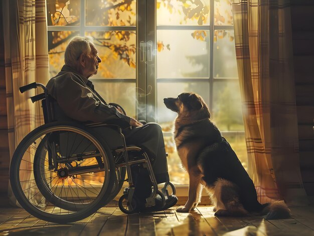 Elderly man in wheelchair with dog looks out Ai generated