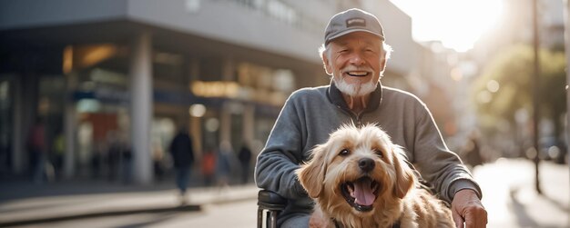 Elderly man in a wheelchair with a dog on the street