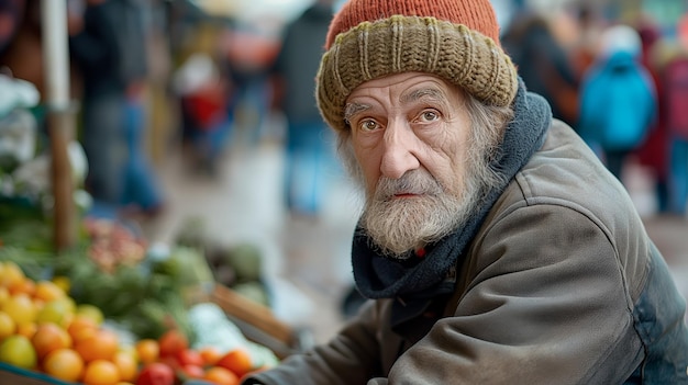 Elderly Man in a Winter Hat at a Market